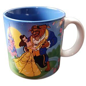 Disney Vtg Beauty & The Beast Ceramic Mug Exclusive Blue Interior White Handle